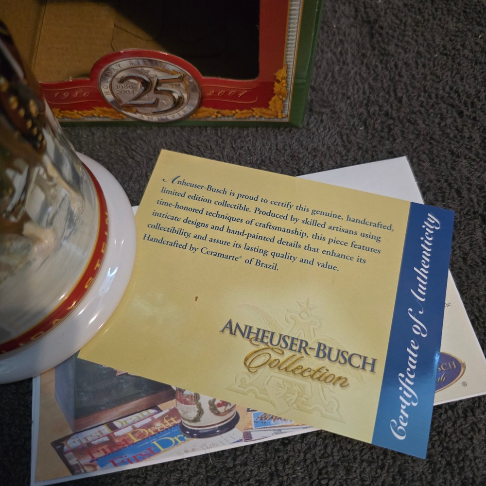 Budweiser Holiday Stein 25th Anniversary 2004 CS608 Clydesdales Mug Red Box COA - Picture 2 of 7